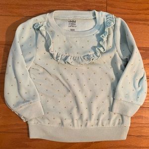 18 MONTH TODDLER GIRL CUTE TEAL SWEATER WITH GOLD DOTS AND RUFFLES
